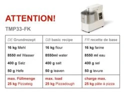 Teigknetmaschine - 33 Liter / 25 Kg - 2 Geschwindigkeiten - Mit Festem Kessel -Küchenwelt Geschaft tmp33 fk 3087