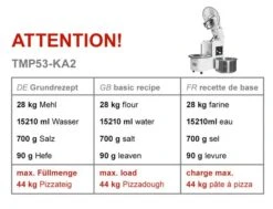 Teigknetmaschine - 53 Liter / 43 Kg - 2 Geschwindigkeiten - Kessel Abnehmbar Und Rührwerk Aufklappbar -Küchenwelt Geschaft tmp53 ka2 493e